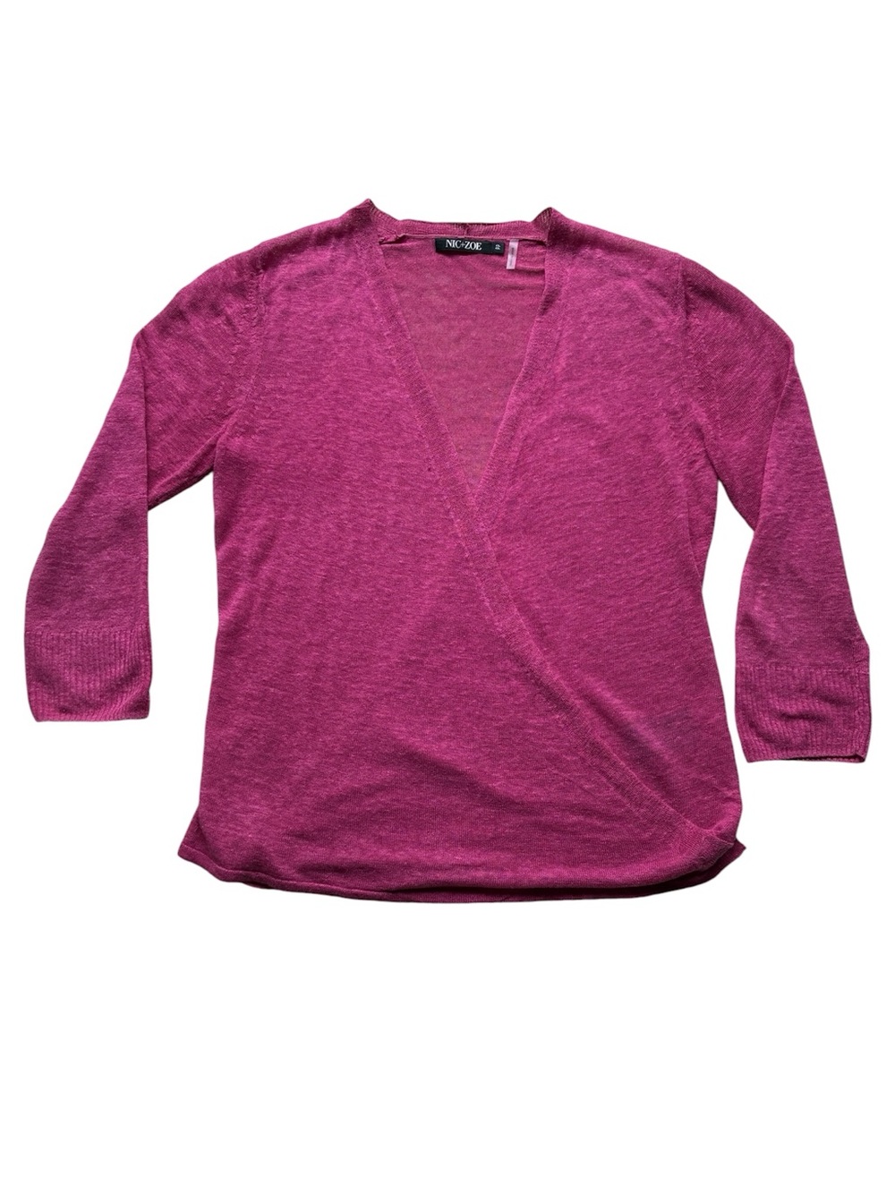 NIC+ZOE Women's Pink Linen Wrap V-Neck Knit Top 3/4 Sleeve Size PP
